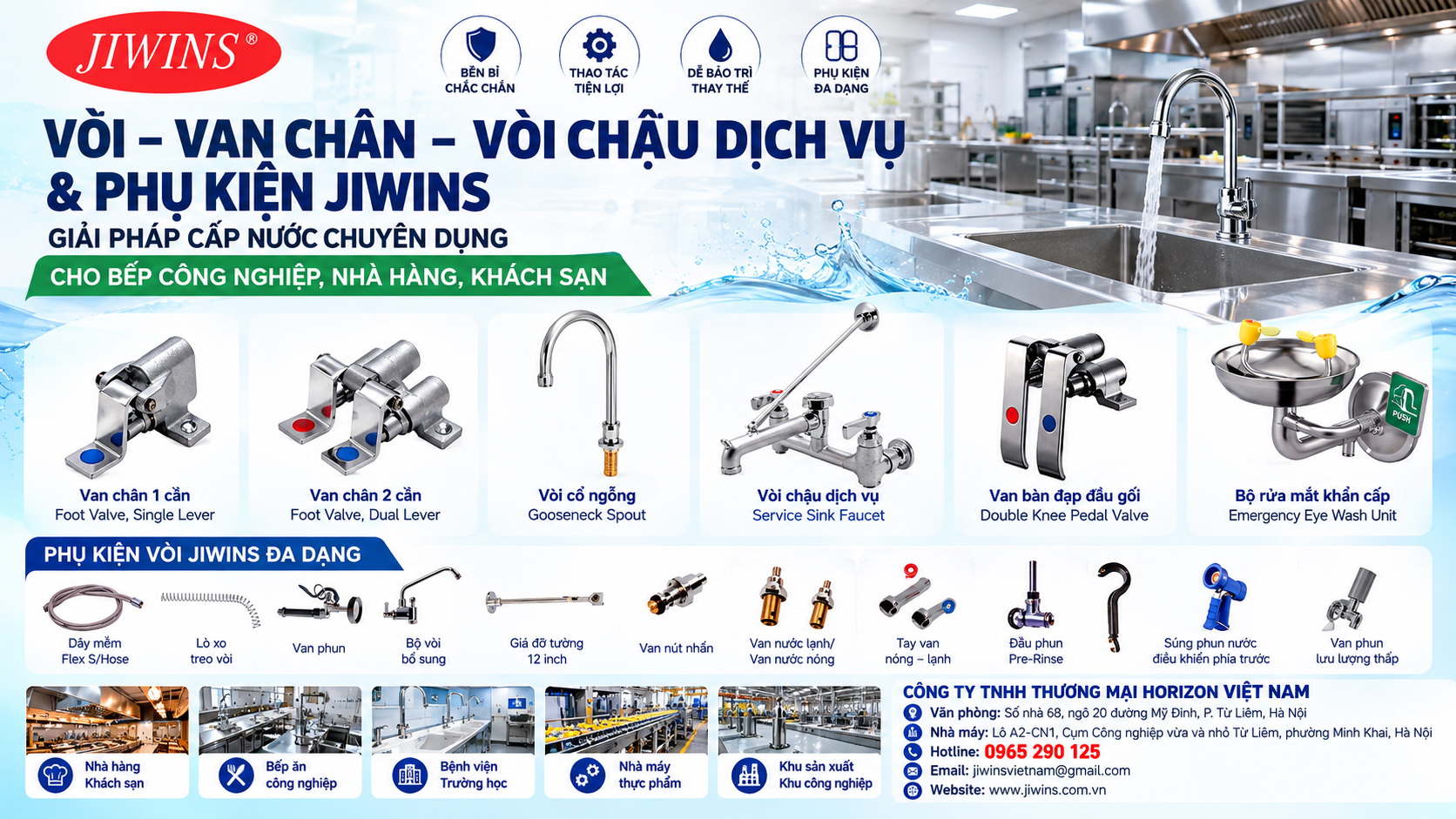 Bộ vòi, van chân, vòi chậu dịch vụ và phụ kiện JIWINS – Giải pháp hoàn thiện hệ thống cấp nước chuyên nghiệp
